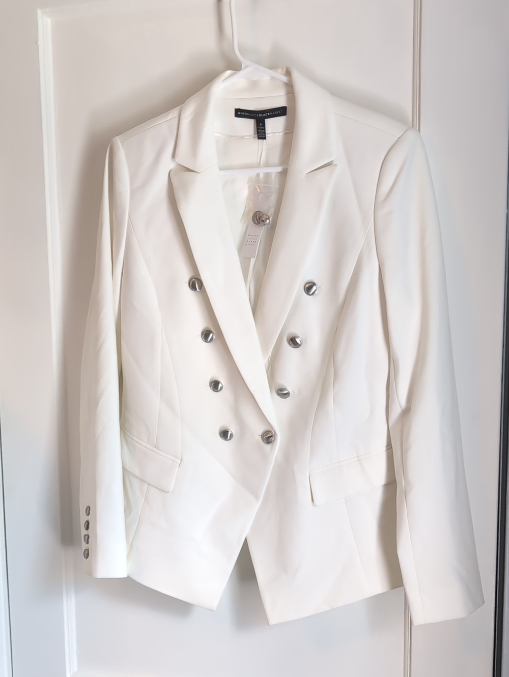 White House Black Market White Double-Breasted Blazer with Silver Buttons